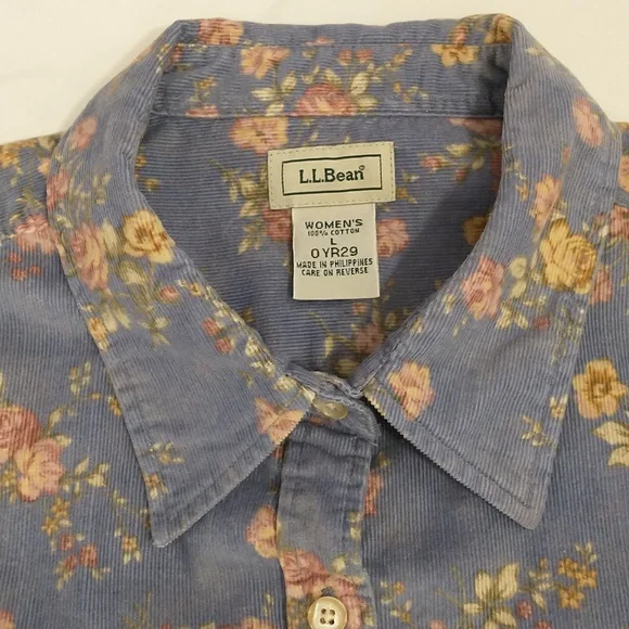 Floral Corduroy Shirt 100% Cotton Fine Wale Periwinkle Blue LL Bean Pink Roses - Picture 9 of 10